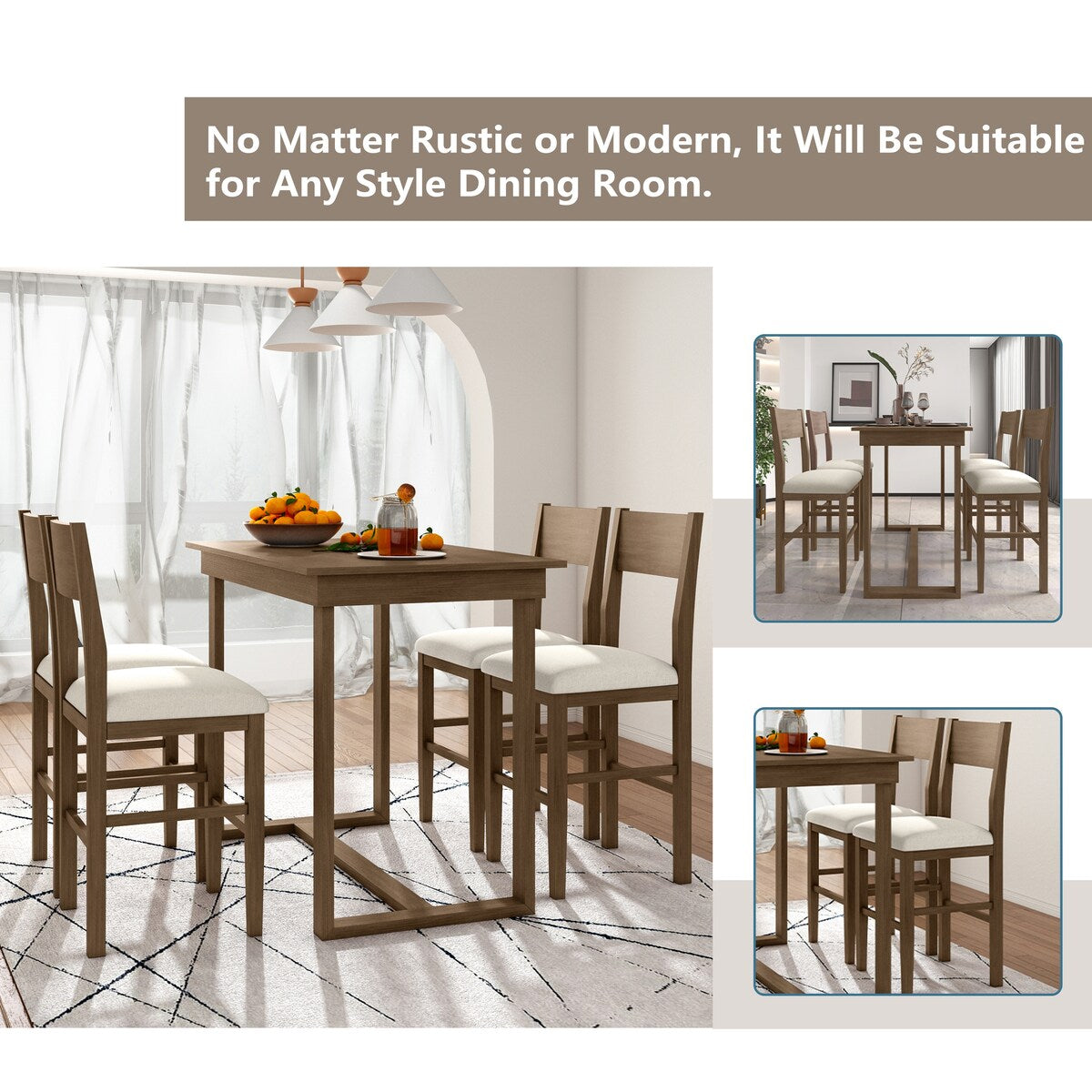 5-Piece Farmhouse Counter Height Dining Table Set with 1 Rectangular Dining Table and 4 Dining Chairs for Small Places