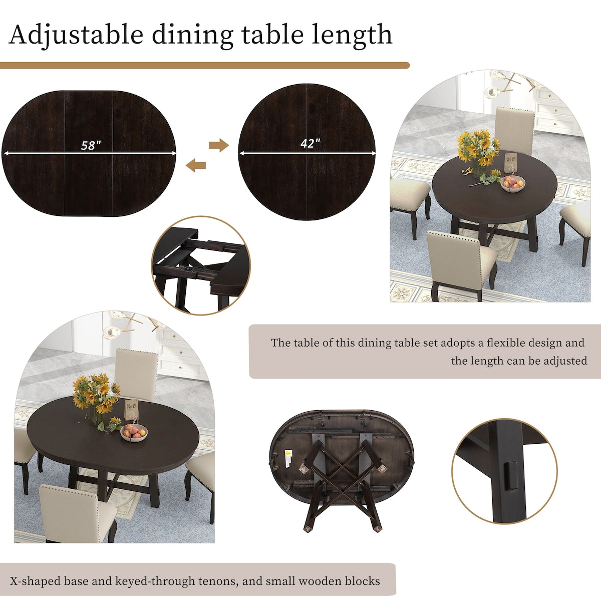 5-Piece Farmhouse Dining Table Set Wood Round Extendable Dining Table and 4 Upholstered Dining Chairs