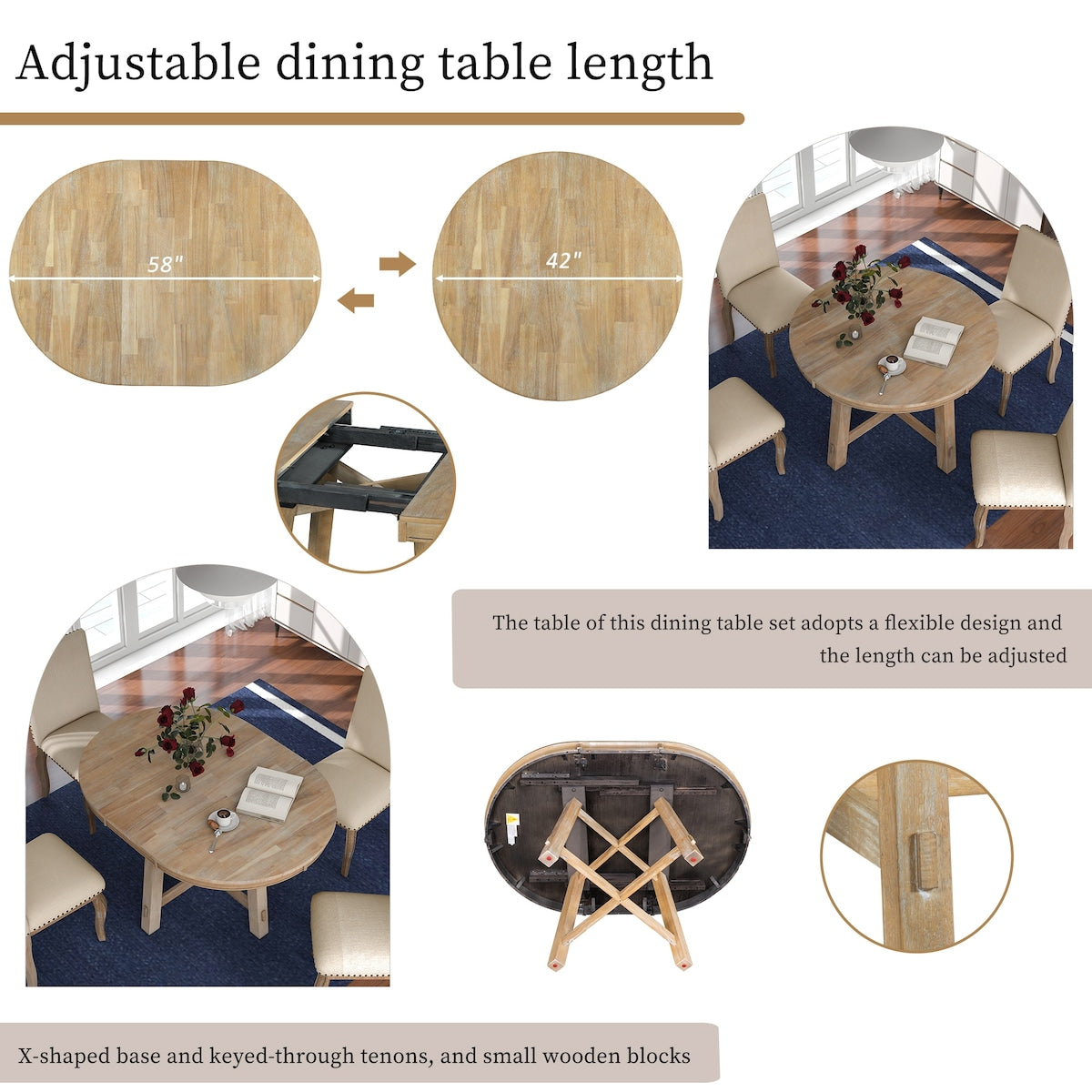 5-Piece Farmhouse Dining Table Set Wood Round Extendable Dining Table and 4 Upholstered Dining Chairs