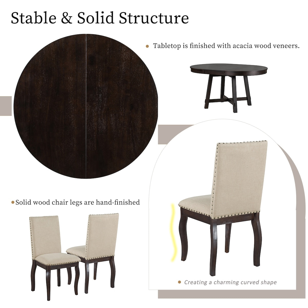 5-Piece Farmhouse Dining Table Set Wood Round Extendable Dining Table and 4 Upholstered Dining Chairs