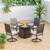 MAISON ARTS Gas Fire Pit Table Outdoor Dining Set 5-Piece Rattan Swivel Chairs With Cushion& Wood-look Square Gas Fire Pit Table