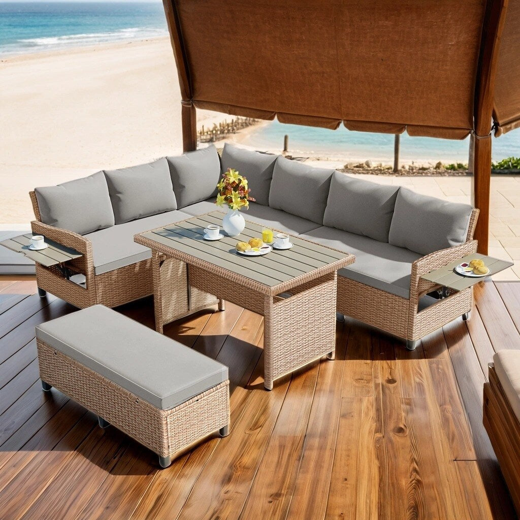 5-Piece L-Shaped Patio Rattan Sofa Set, Garden Furniture with Extendable Side Tables