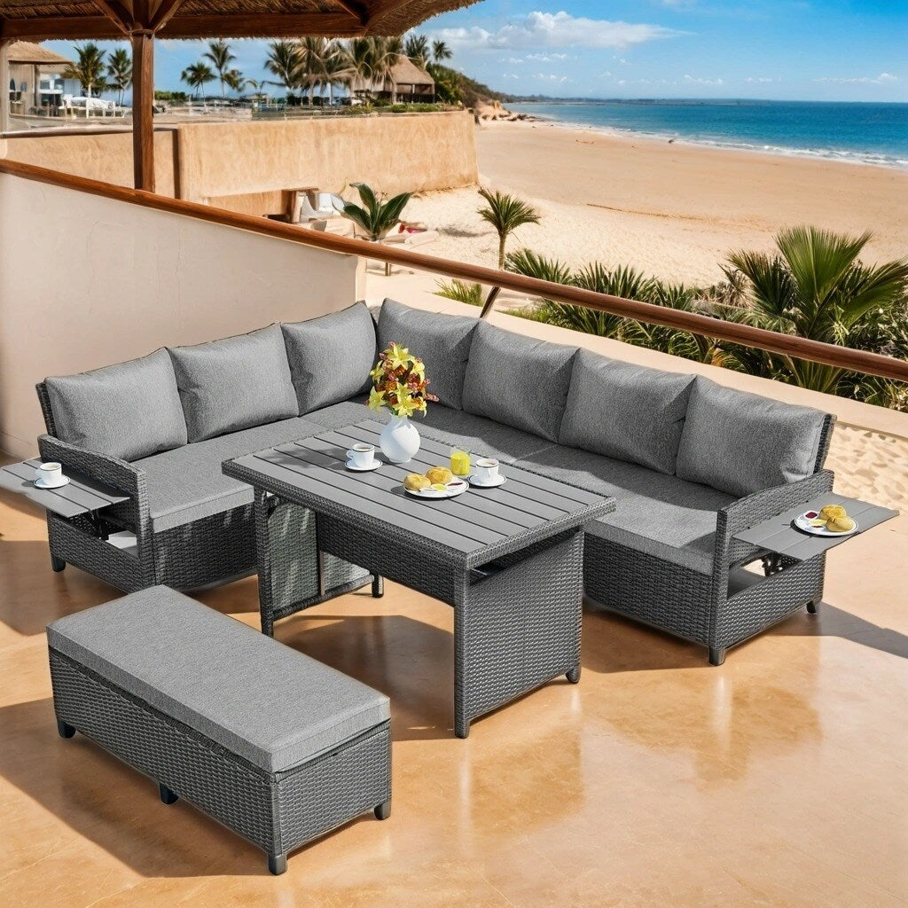 5-Piece L-Shaped Patio Rattan Sofa Set, Garden Furniture with Extendable Side Tables