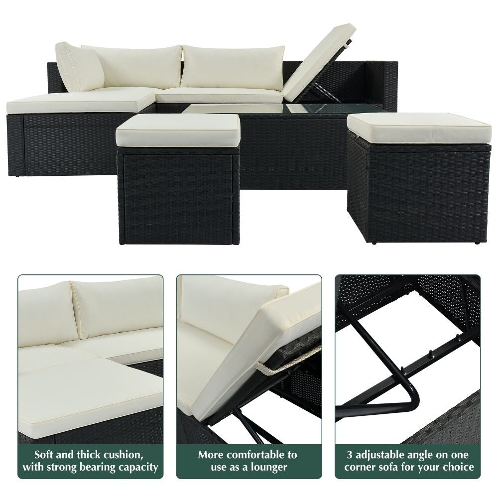 5-Piece Large Outdoor Wicker Sofa Set, PE Rattan, Movable Cushion, Sectional Lounger Sofa