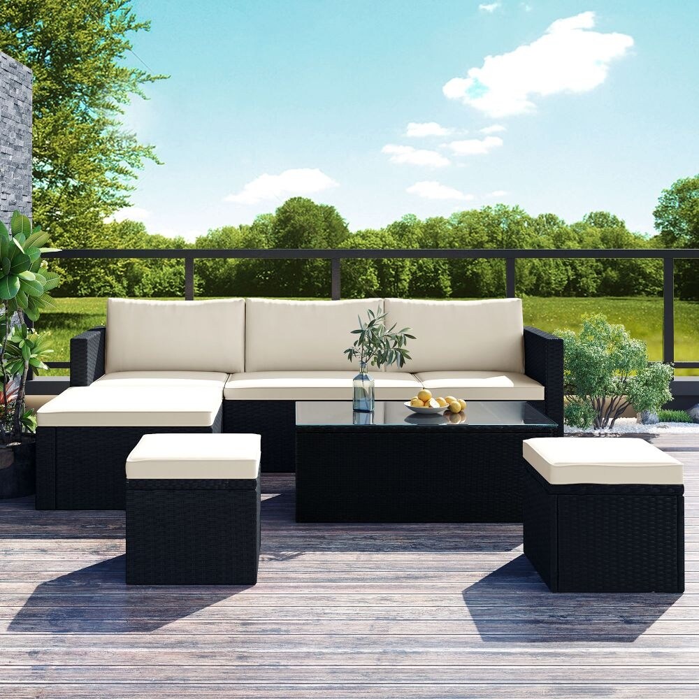 5-Piece Large Outdoor Wicker Sofa Set, PE Rattan, Movable Cushion, Sectional Lounger Sofa