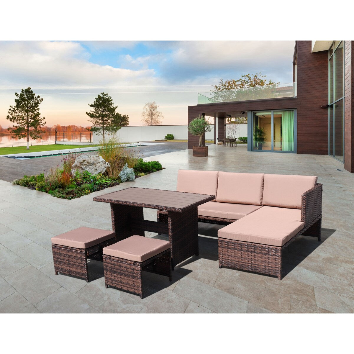 5-Piece Mini PE Rattan Outdoor Set with Coffee Table & Fabric Padding