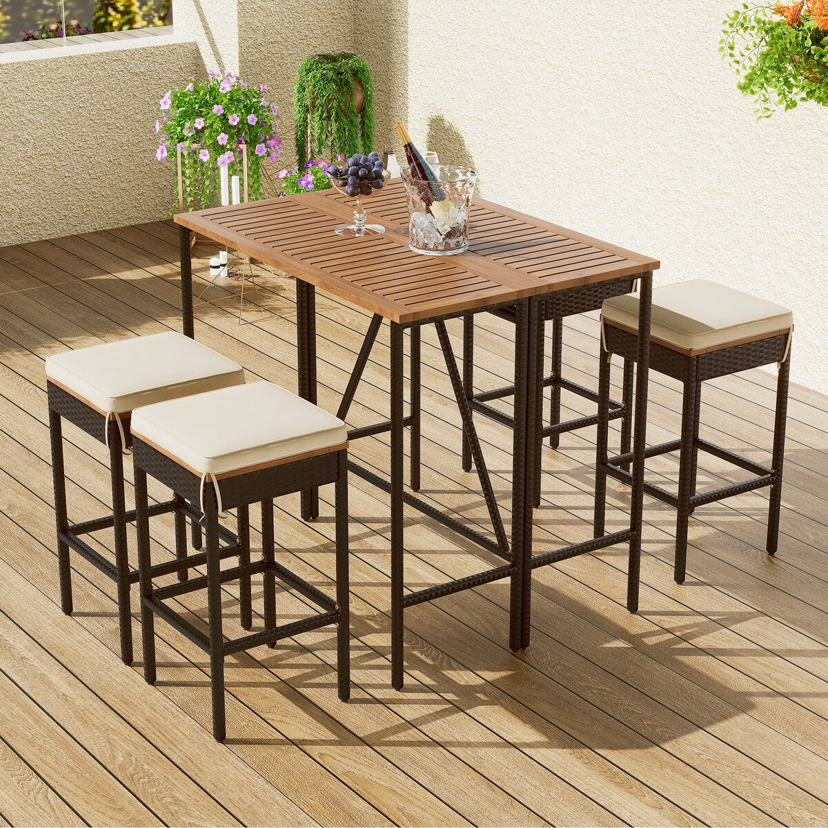 5-Piece Outdoor Bar Set with Foldable Tabletop and Cushions