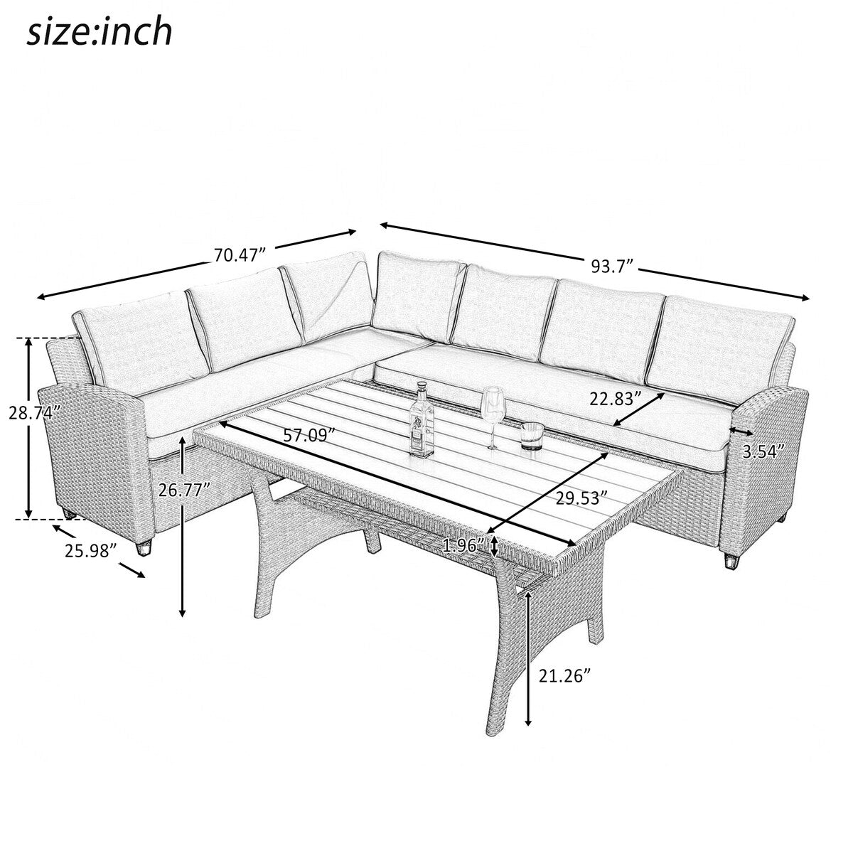 5 Piece Outdoor Left-Hand Facing Conversation Set w/ Ottoman & Pillows