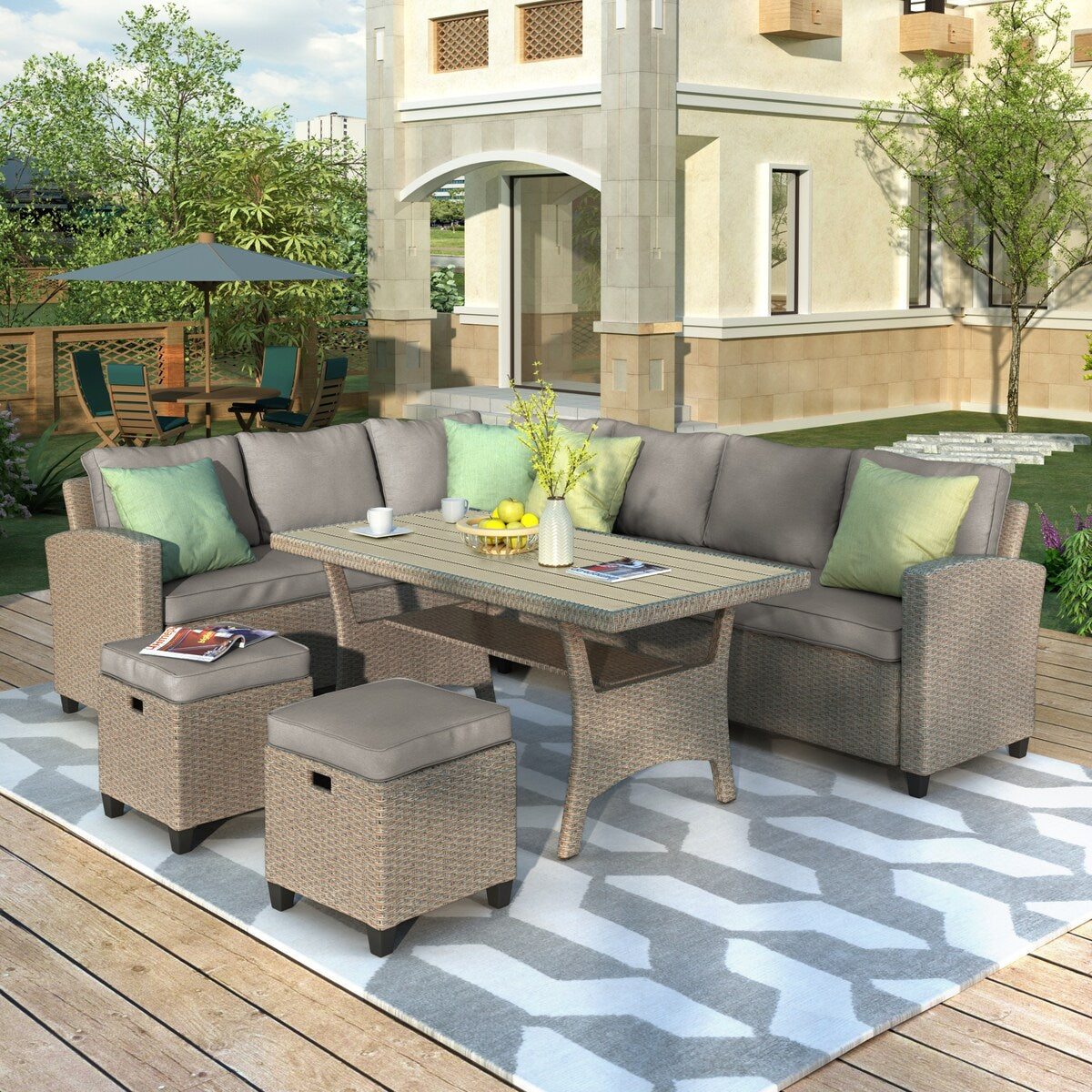 5 Piece Outdoor Left-Hand Facing Conversation Set w/ Ottoman & Pillows