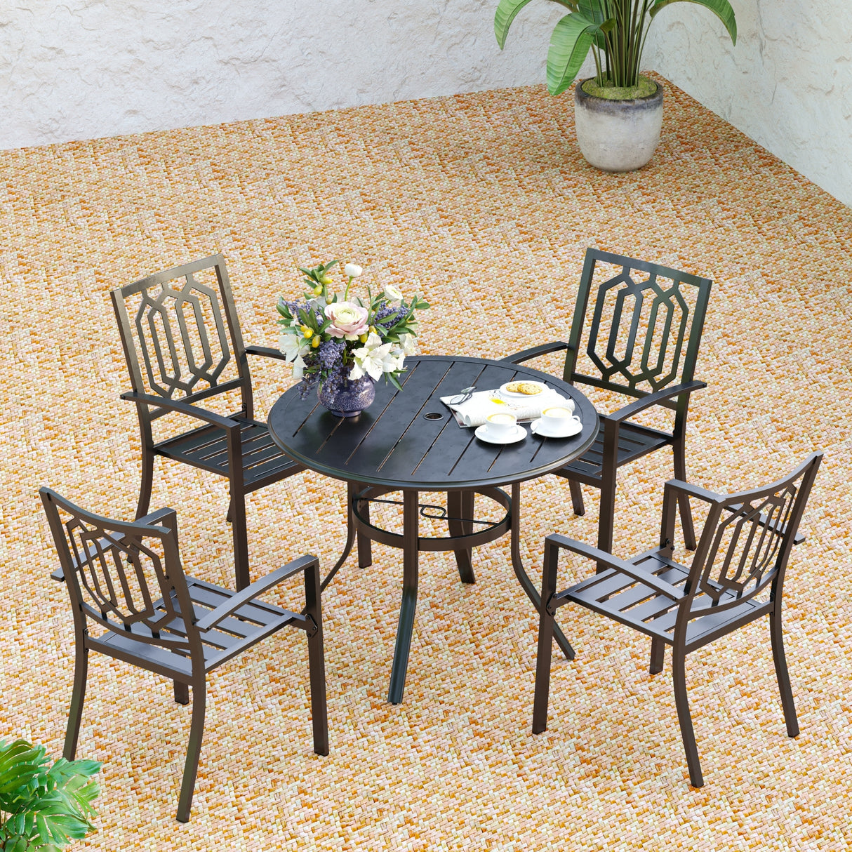 MAISON ARTS 5 Piece Outdoor Patio Dining Set, 4 Metal Stackable Dining Chairs and 1 Round 37.8" Diameter Umbrella Table