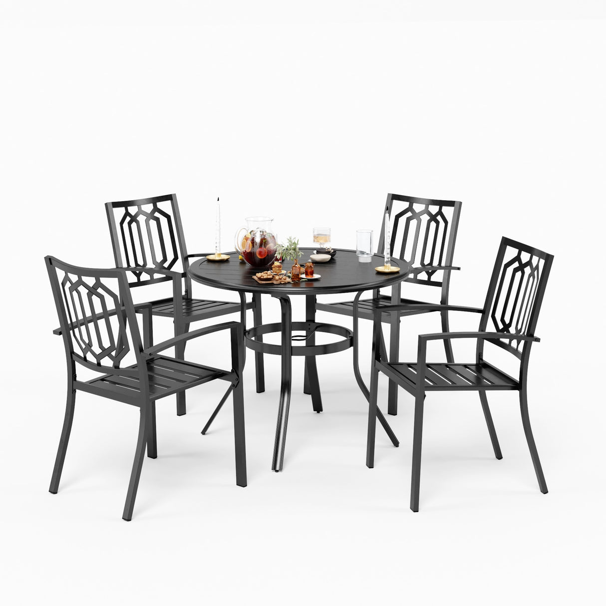 MAISON ARTS 5 Piece Outdoor Patio Dining Set, 4 Metal Stackable Dining Chairs and 1 Round 37.8" Diameter Umbrella Table