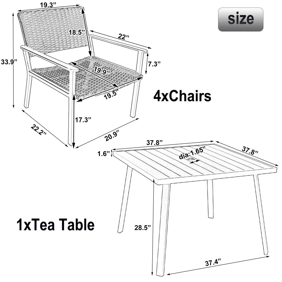 5-Piece Outdoor Patio PE Wicker Dining Table Set with Umbrella Hole and 4 Dining Chairs Black Frame+Black Rattan