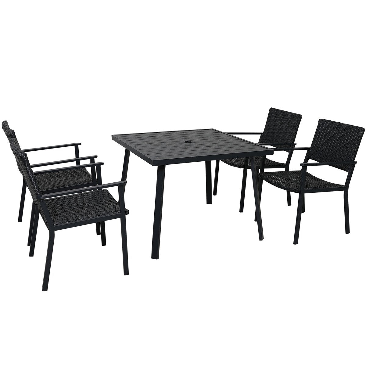 5-Piece Outdoor Patio PE Wicker Dining Table Set with Umbrella Hole and 4 Dining Chairs Black Frame+Black Rattan