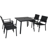 5-Piece Outdoor Patio PE Wicker Dining Table Set with Umbrella Hole and 4 Dining Chairs Black Frame+Black Rattan