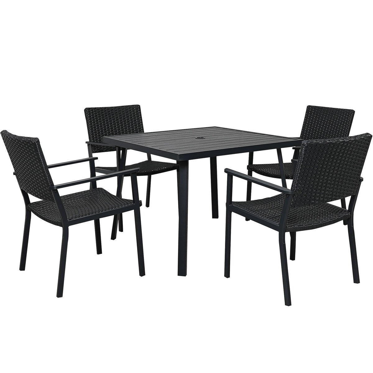 5-Piece Outdoor Patio PE Wicker Dining Table Set with Umbrella Hole and 4 Dining Chairs Black Frame+Black Rattan