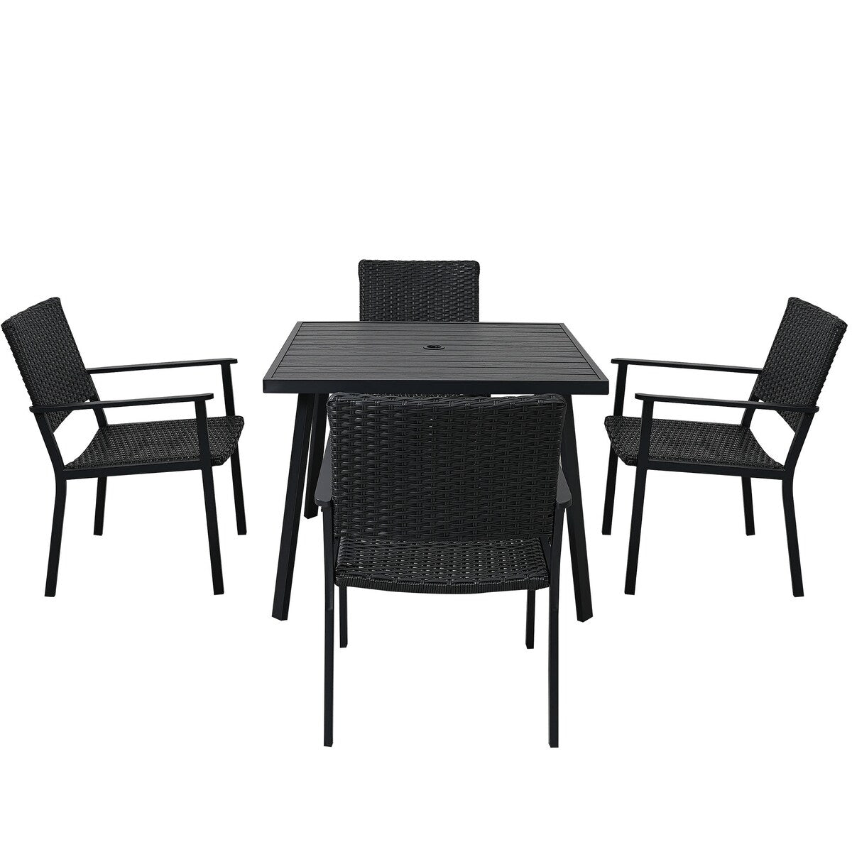 5-Piece Outdoor Patio PE Wicker Dining Table Set with Umbrella Hole and 4 Dining Chairs Black Frame+Black Rattan