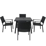 5-Piece Outdoor Patio PE Wicker Dining Table Set with Umbrella Hole and 4 Dining Chairs Black Frame+Black Rattan