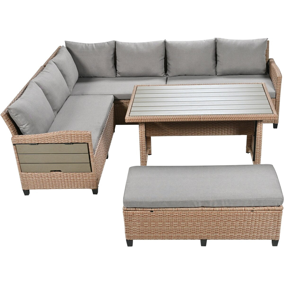 5-Piece Outdoor Patio Rattan Sofa Set, PE Wicker L-Shaped with 2 Extendable Side Tables, Dining Table and Washable Covers
