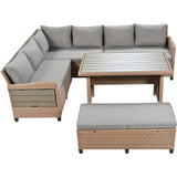 5-Piece Outdoor Patio Rattan Sofa Set, PE Wicker L-Shaped with 2 Extendable Side Tables, Dining Table and Washable Covers