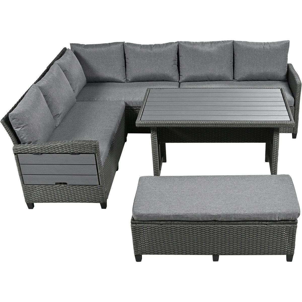 5-Piece Outdoor Patio Rattan Sofa Set, PE Wicker L-Shaped with 2 Extendable Side Tables, Dining Table and Washable Covers