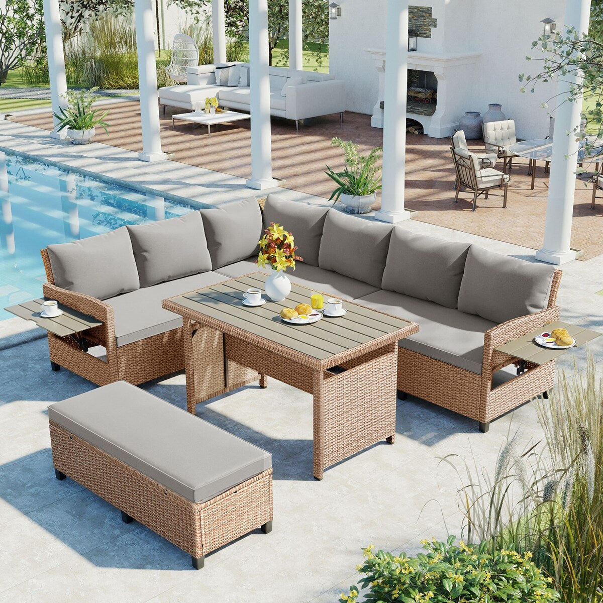 5-Piece Outdoor Patio Rattan Sofa Set, PE Wicker L-Shaped with 2 Extendable Side Tables, Dining Table and Washable Covers