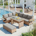 5-Piece Outdoor Patio Rattan Sofa Set, PE Wicker L-Shaped with 2 Extendable Side Tables, Dining Table and Washable Covers