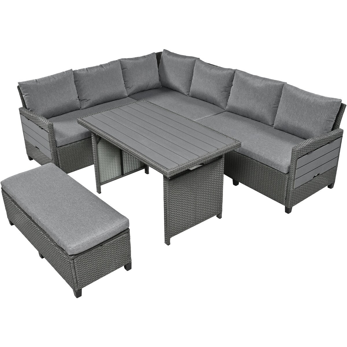 5-Piece Outdoor Patio Rattan Sofa Set, PE Wicker L-Shaped with 2 Extendable Side Tables, Dining Table and Washable Covers