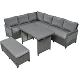 5-Piece Outdoor Patio Rattan Sofa Set, PE Wicker L-Shaped with 2 Extendable Side Tables, Dining Table and Washable Covers