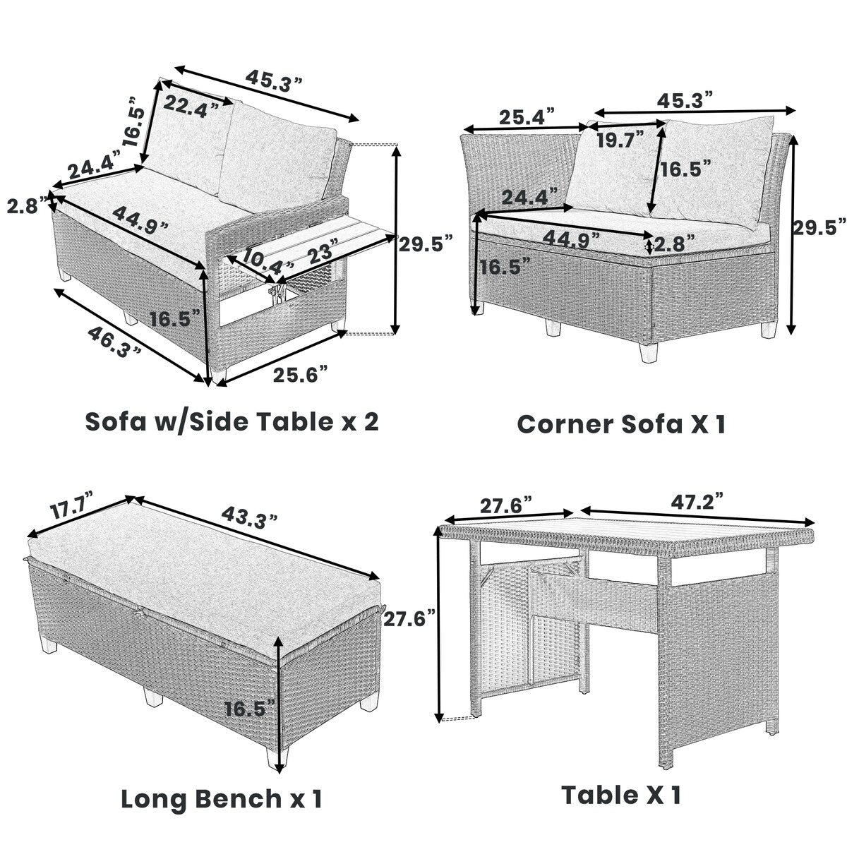 5-Piece Outdoor Patio Rattan Sofa Set, PE Wicker L-Shaped with 2 Extendable Side Tables, Dining Table and Washable Covers