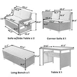 5-Piece Outdoor Patio Rattan Sofa Set, PE Wicker L-Shaped with 2 Extendable Side Tables, Dining Table and Washable Covers