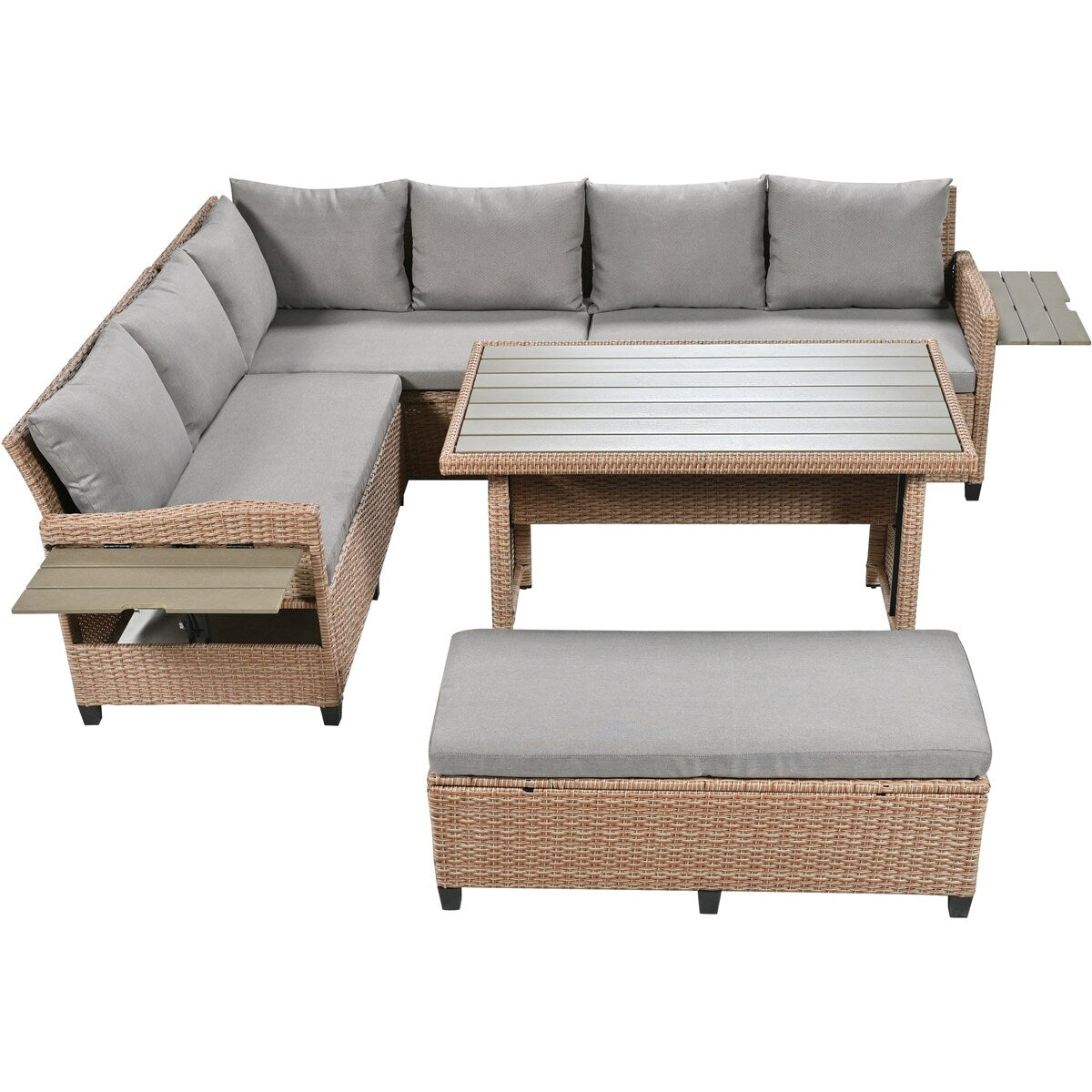 5-Piece Outdoor Patio Rattan Sofa Set, PE Wicker L-Shaped with 2 Extendable Side Tables, Dining Table and Washable Covers