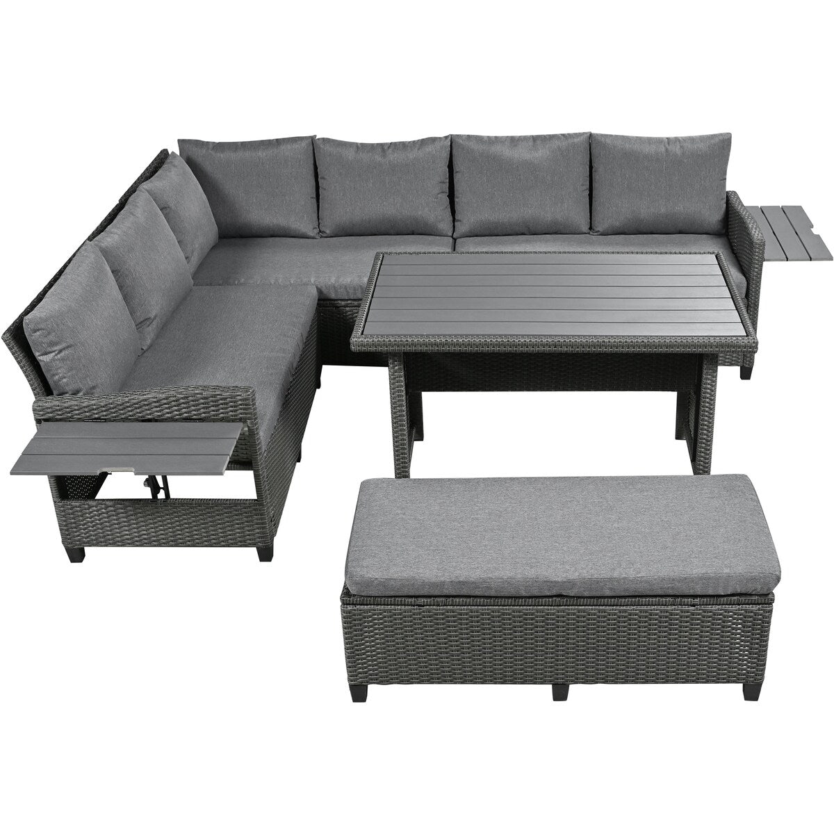 5-Piece Outdoor Patio Rattan Sofa Set, PE Wicker L-Shaped with 2 Extendable Side Tables, Dining Table and Washable Covers