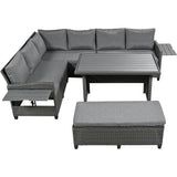 5-Piece Outdoor Patio Rattan Sofa Set, PE Wicker L-Shaped with 2 Extendable Side Tables, Dining Table and Washable Covers
