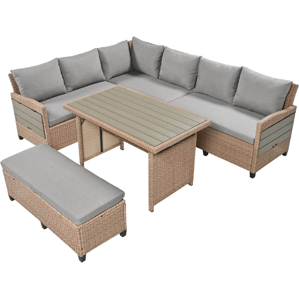 5-Piece Outdoor Patio Rattan Sofa Set, PE Wicker L-Shaped with 2 Extendable Side Tables, Dining Table and Washable Covers