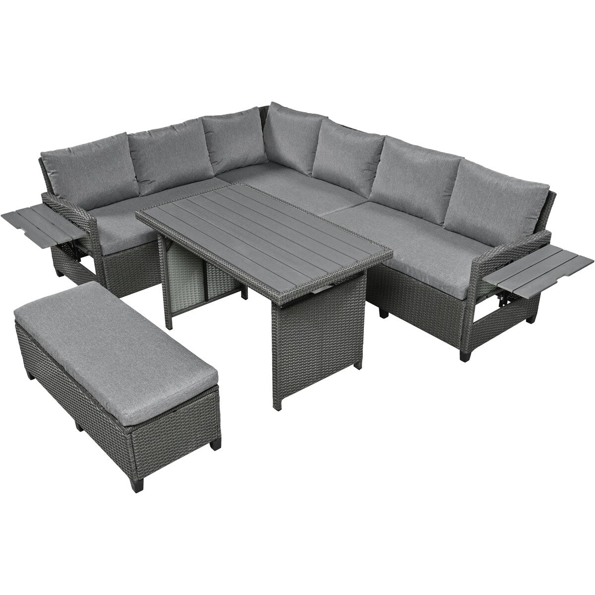 5-Piece Outdoor Patio Rattan Sofa Set, PE Wicker L-Shaped with 2 Extendable Side Tables, Dining Table and Washable Covers