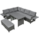 5-Piece Outdoor Patio Rattan Sofa Set, PE Wicker L-Shaped with 2 Extendable Side Tables, Dining Table and Washable Covers