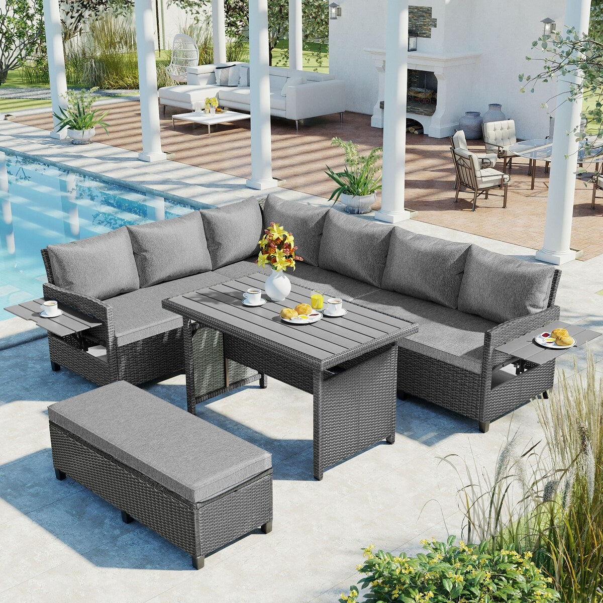 5-Piece Outdoor Patio Rattan Sofa Set, PE Wicker L-Shaped with 2 Extendable Side Tables, Dining Table and Washable Covers