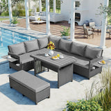 5-Piece Outdoor Patio Rattan Sofa Set, PE Wicker L-Shaped with 2 Extendable Side Tables, Dining Table and Washable Covers