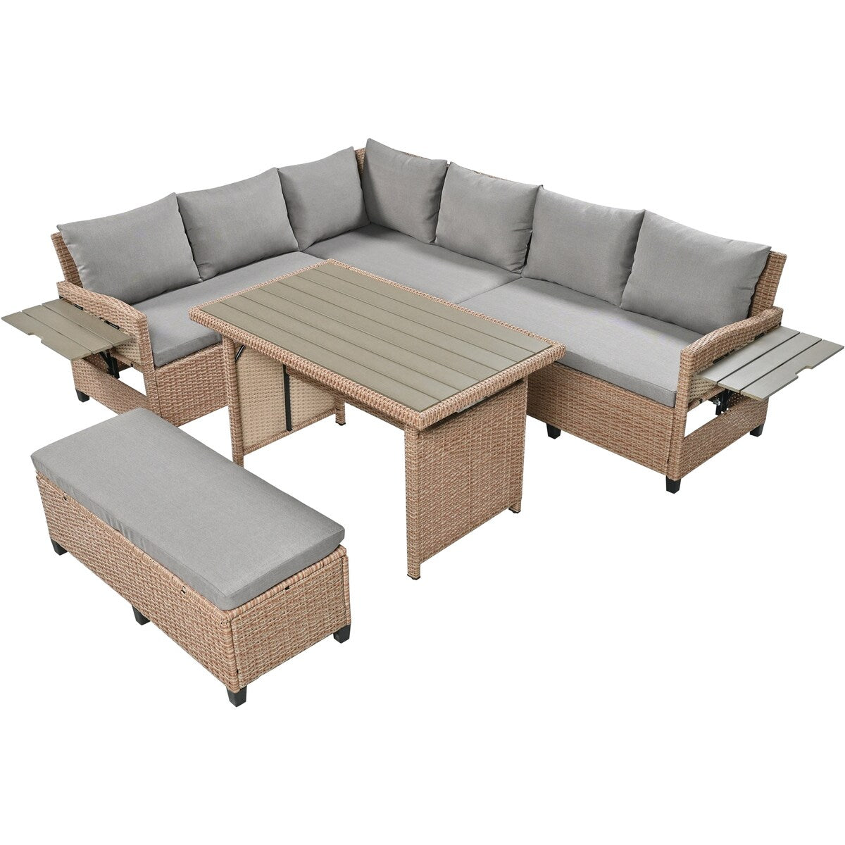 5-Piece Outdoor Patio Rattan Sofa Set, PE Wicker L-Shaped with 2 Extendable Side Tables, Dining Table and Washable Covers