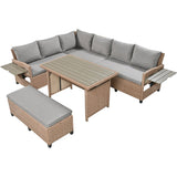 5-Piece Outdoor Patio Rattan Sofa Set, PE Wicker L-Shaped with 2 Extendable Side Tables, Dining Table and Washable Covers