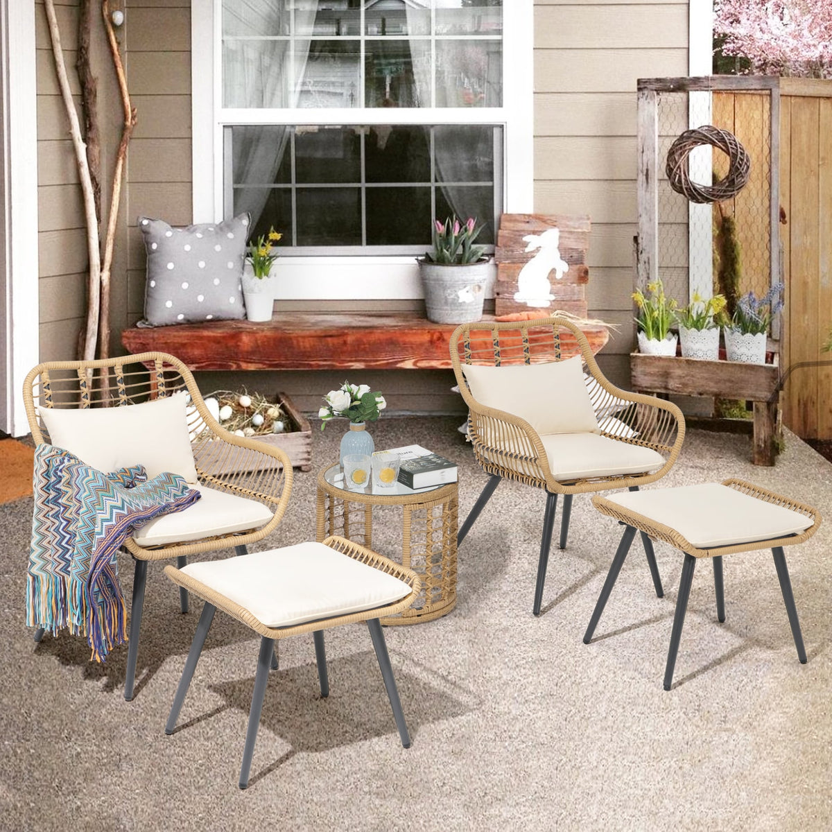5-Piece Outdoor Wicker Cushioned Conversation Set