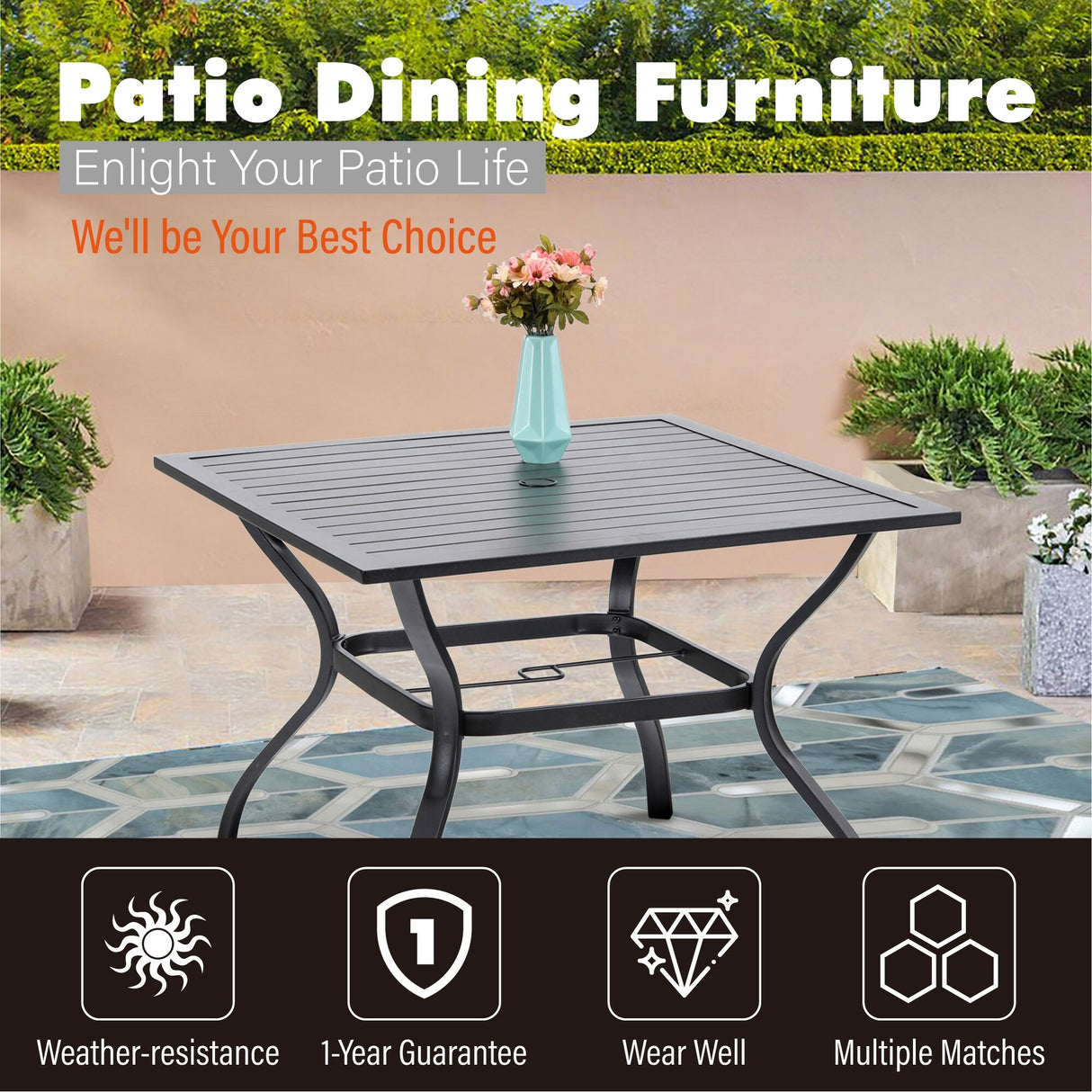 5-Piece Patio Dining Set, 4 Metal Spring Motion Dining Chairs and 1 Square Table with 1.57" Umbrella Hole
