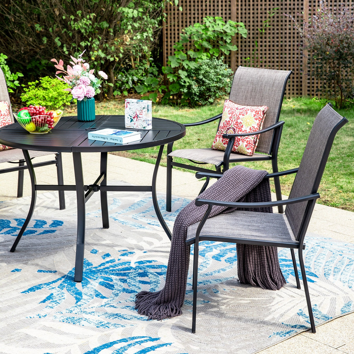 MAISON ARTS 5/7-Piece Patio Dining Set, Round Metal Table and 4/6 Textilene Fabric Padded Armchairs