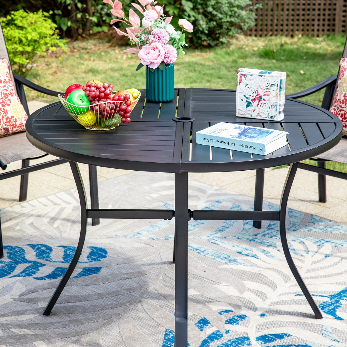 MAISON ARTS 5/7-Piece Patio Dining Set, Round Metal Table and 4/6 Textilene Fabric Padded Armchairs