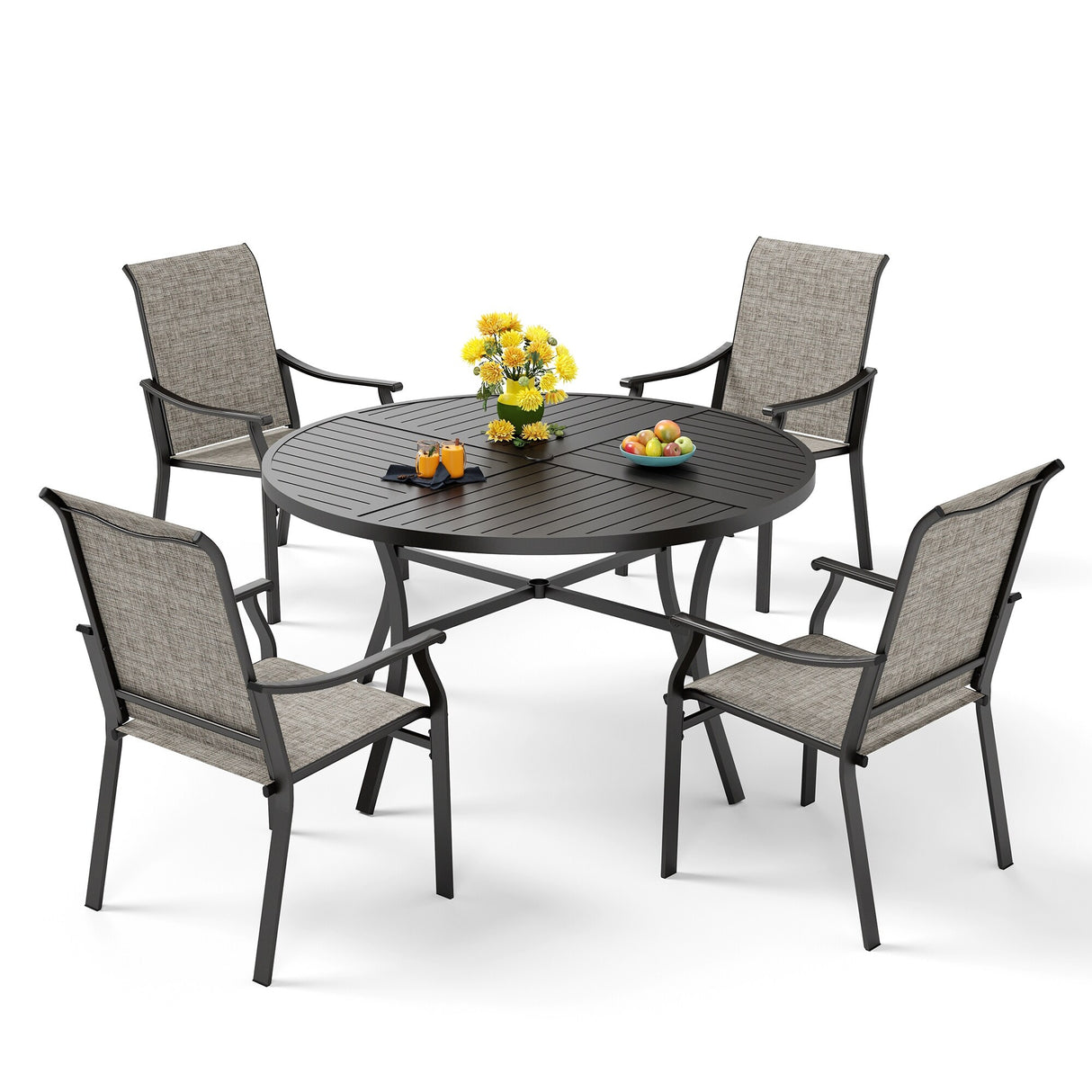 MAISON ARTS 5/7-Piece Patio Dining Set, Round Metal Table and 4/6 Textilene Fabric Padded Armchairs