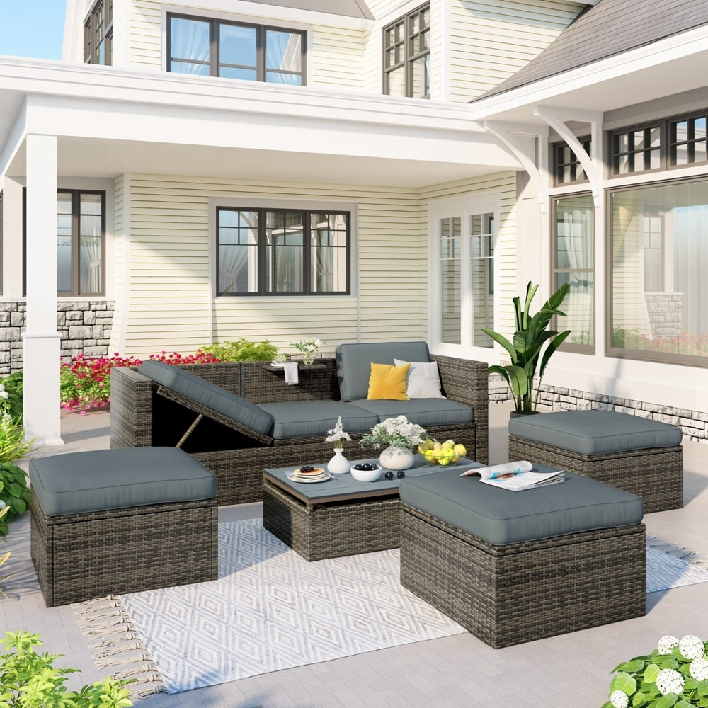 5-Piece Patio Wicker Sofa with Adustable Backrest, Cushions, Ottomans and Lift Top Coffee Table