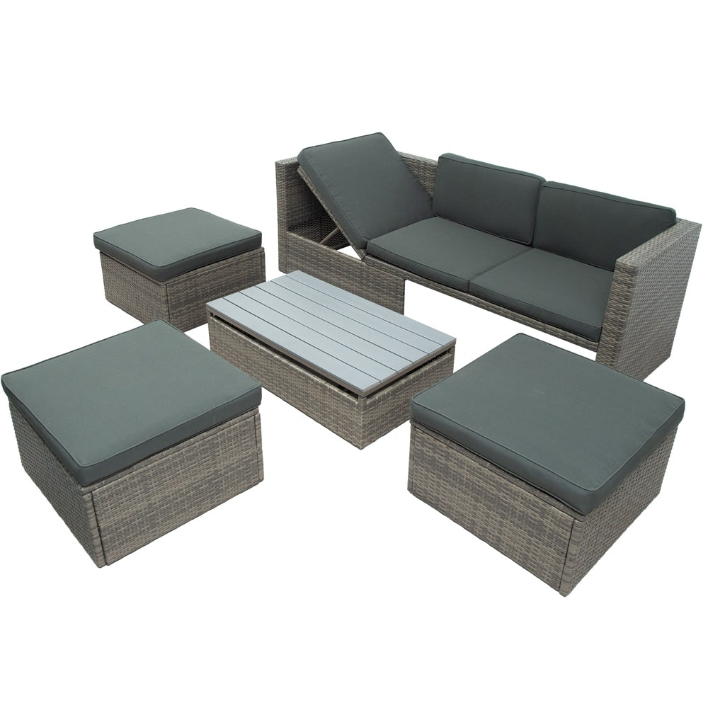 5-Piece Patio Wicker Sofa with Adustable Backrest, Cushions, Ottomans and Lift Top Coffee Table