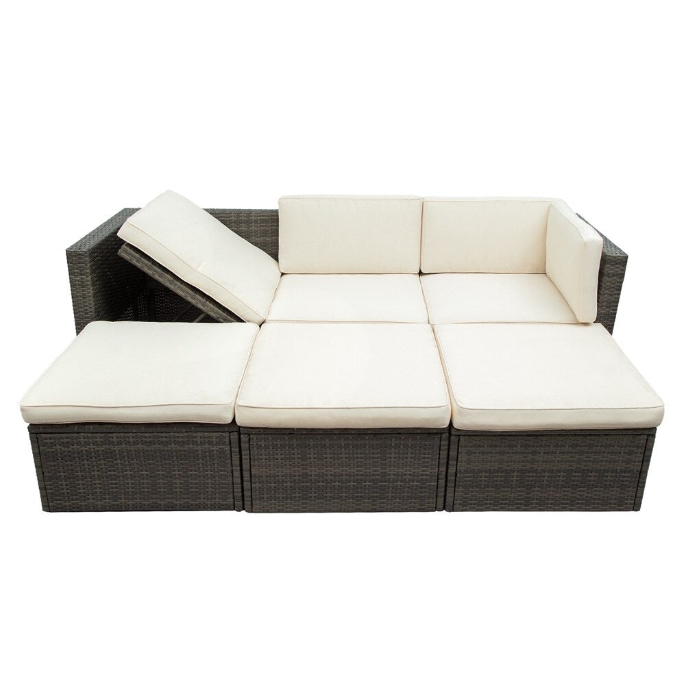 5-Piece Patio Wicker Sofa with Adustable Backrest, Cushions, Ottomans and Lift Top Coffee Table