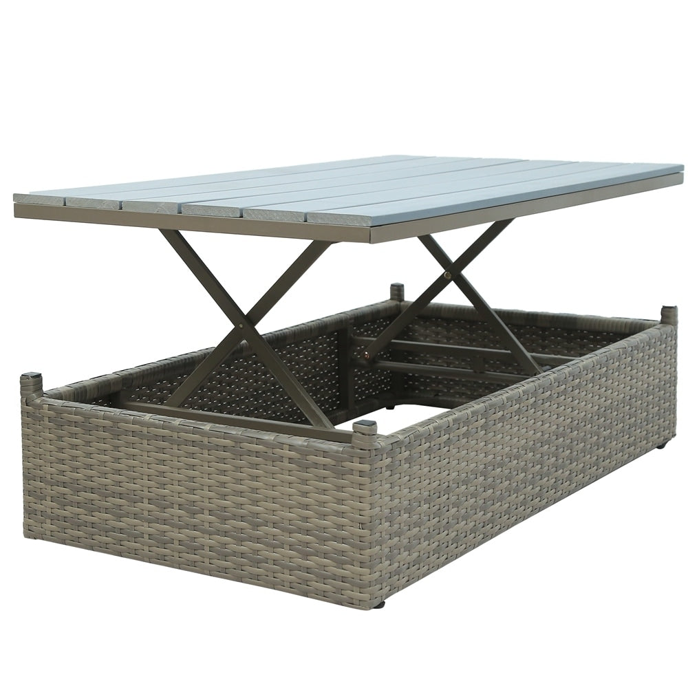 5-Piece Patio Wicker Sofa with Adustable Backrest, Cushions, Ottomans and Lift Top Coffee Table