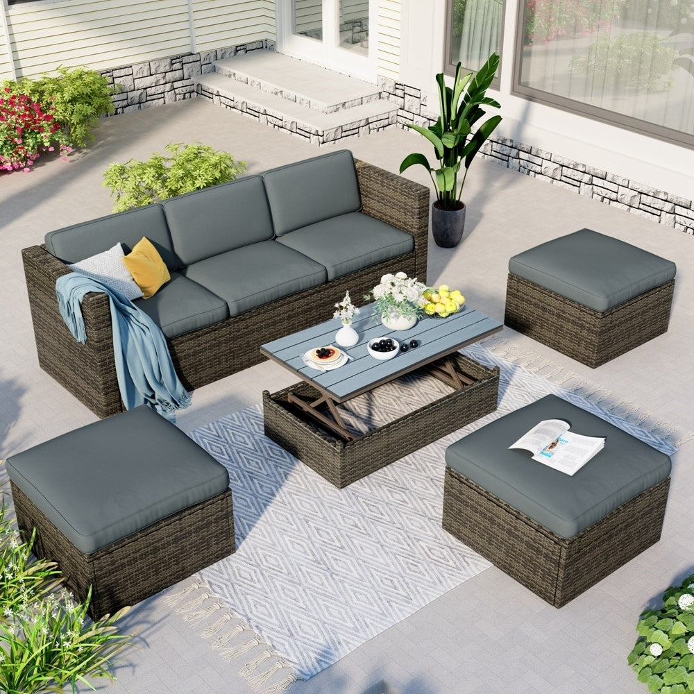 5-Piece Patio Wicker Sofa with Adustable Backrest, Cushions, Ottomans